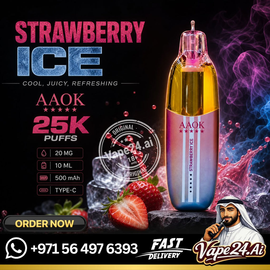 AAOK Strawberry Ice disposable vape device shown on a dark promotional background with strawberries, ice cubes, smoke graphics, and large text including 'STRAWBERRY ICE', 'AAOK', '25K PUFFS', and 'Vape24.Ai'.