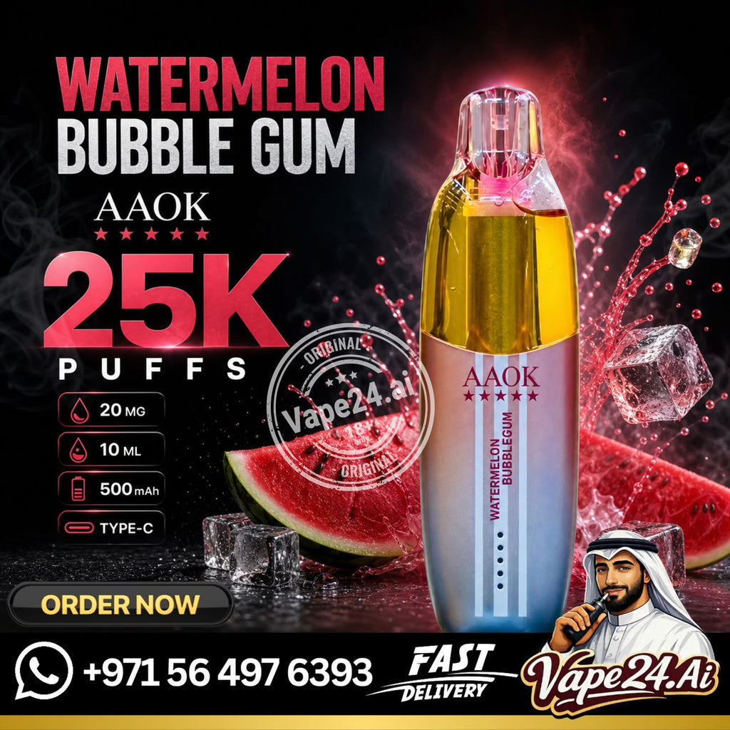 AAOK Watermelon Bubble Gum vape pen in a 25K puff pack, featuring a silver and gold body with a clear cap, set against a dark background with watermelon slices, ice cubes, and a Vape24.Ai logo.