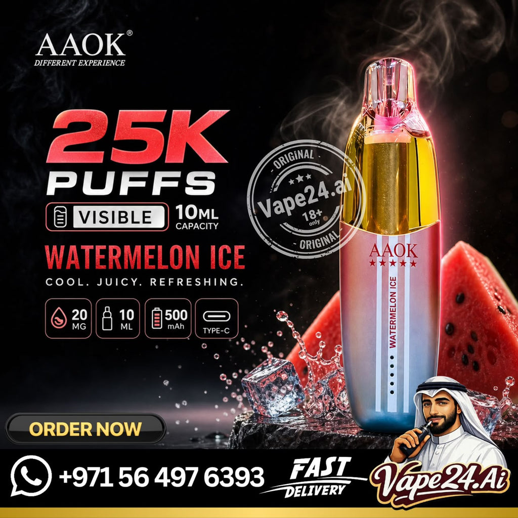 AAOK Watermelon Ice disposable vape device shown in a promotional graphic with red watermelon slices, steam effects, and multiple text overlays including '25K Puffs', '10ML Capacity', and 'Watermelon Ice'. A Vape24.