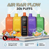 Air Bar Flow vape devices with colorful packaging and fruit illustrations on a light background.