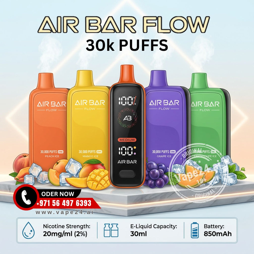 Air Bar Flow vape devices with colorful packaging and fruit illustrations on a light background.