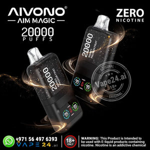 Aivono Aim Magic vape device with 'Zero Nicotine' label on a dark background, featuring the Vape24.ai brand.