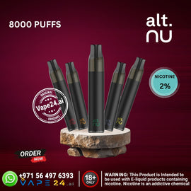 alt.nu vape devices with branding and product details on a red background