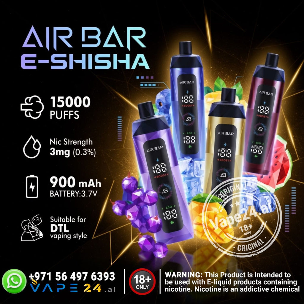 Air Bar E-Shisha product advertisement with features and branding on a dark background