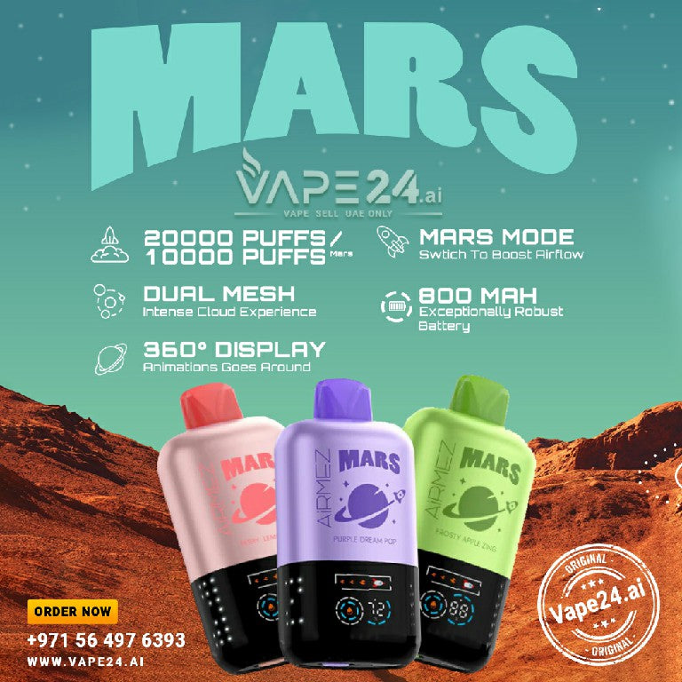 Airmez Mars 20000 Puffs Disposable Vape in three colors with features like dual mesh, 800mAh battery, 360° display, and express delivery.
