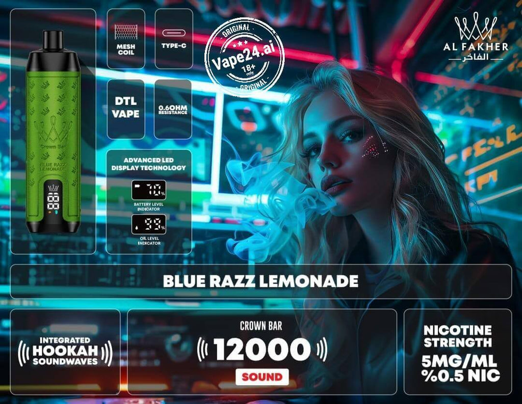 Al Fakher Crown Bar 12000 Puffs DLT Vape in Dubai, UAEFlavors ::: Blue Razz Lemonade