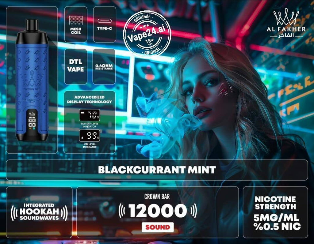 Al Fakher Crown Bar 12000 Puffs DLT Vape in Dubai, UAEFlavors ::: Blackcurrant Mint