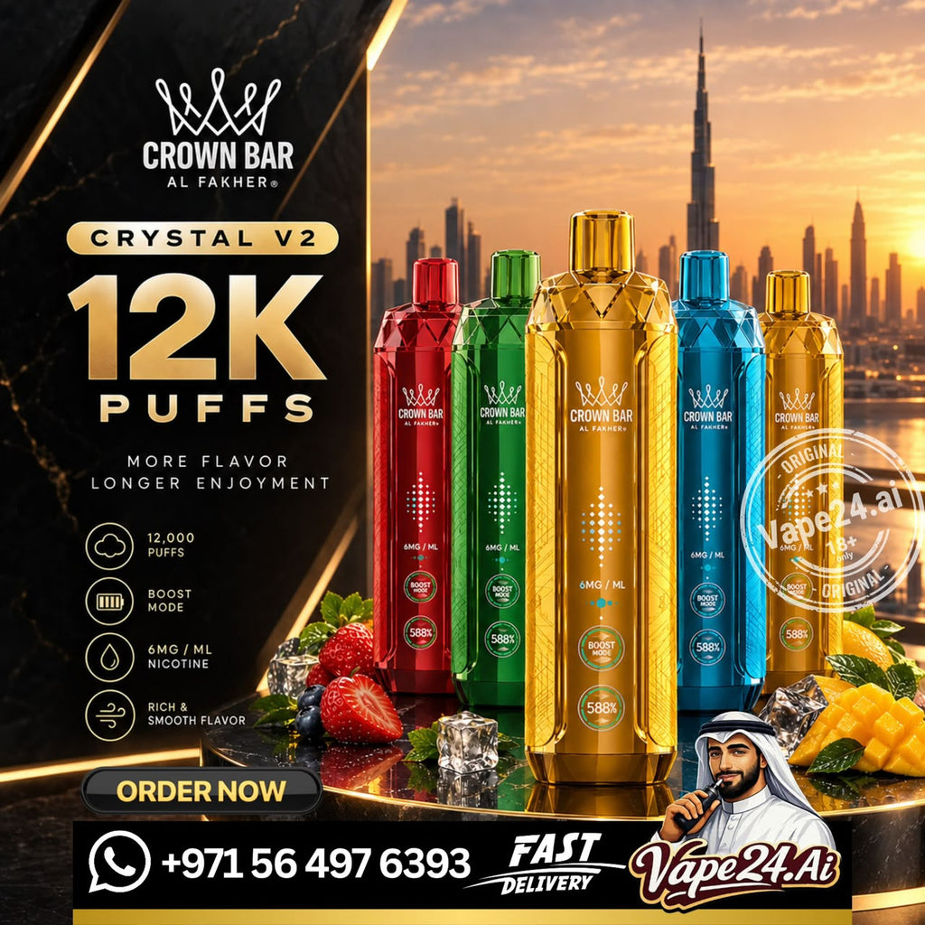 Promotional graphic for Crown Bar Crystal V2 disposable vape devices. Five devices in red, green, gold, and blue are displayed on a reflective surface with strawberries, ice, and a desert city skyline background.
