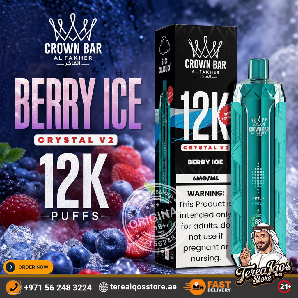 Crown Bar Alfakher Crystal V2 Berry Ice disposable vape device and its packaging box, displayed alongside fresh berries and ice on a dark blue background with promotional text.