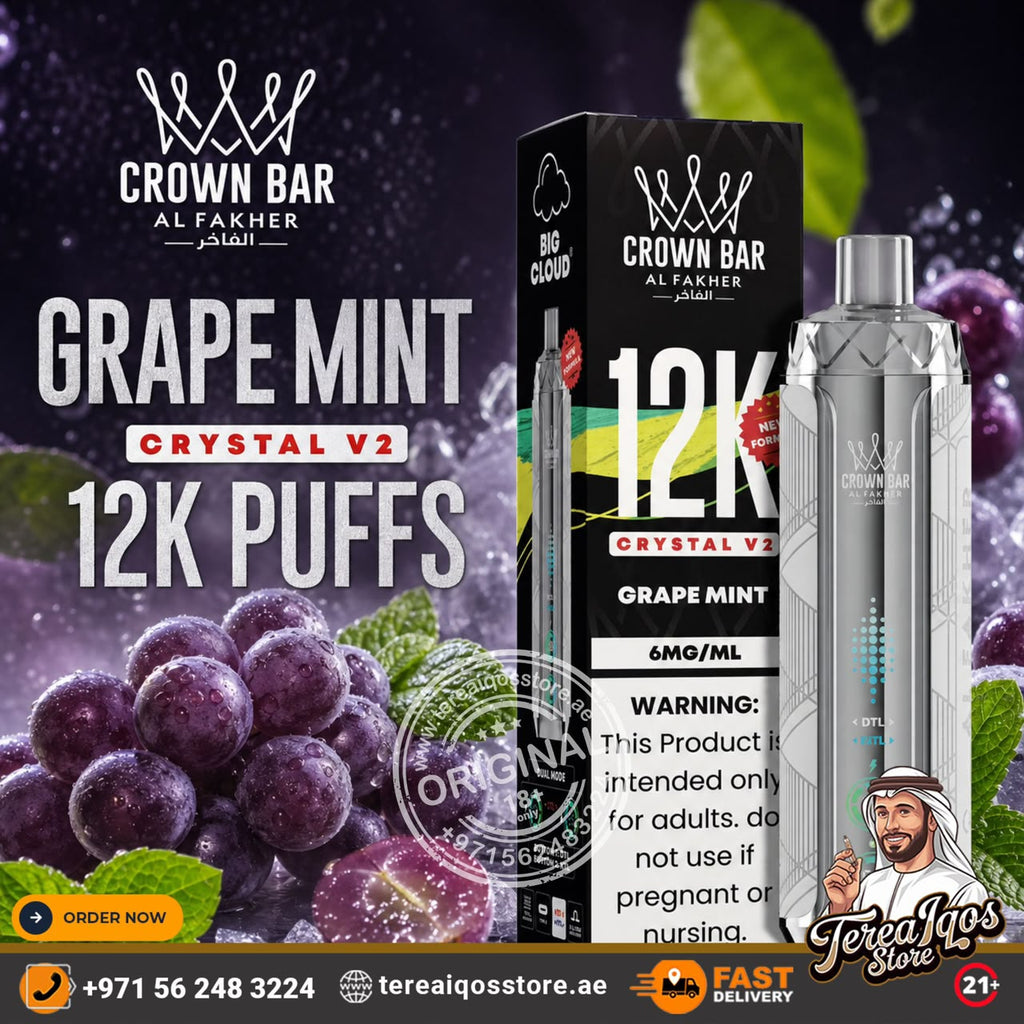 Promotional product graphic for Crown Bar Al Fakher Crystal V2 Grape Mint disposable vape and its packaging, shown alongside grape imagery and large text reading 'Grape Mint 12K Puffs' and '12K Puffs'.