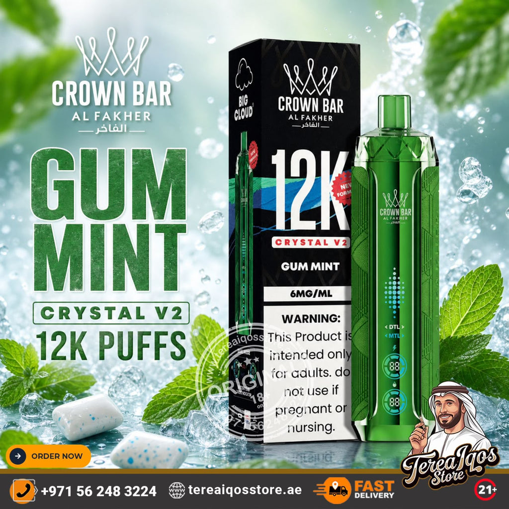 Crown Bar Al Fakher Crystal V2 Gum Mint 12K disposable vape and its packaging box, set against a dynamic background of ice cubes, water droplets, and fresh mint leaves. The product is green with a translucent cap, and the box is black with white and red text.
