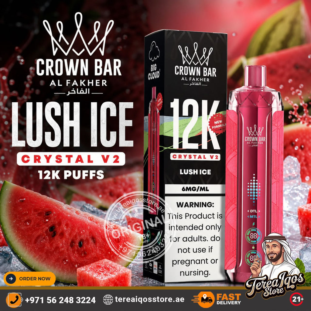 Promotional product graphic for Crown Bar Al Fakher Lush Ice Crystal V2 disposable vape. The pink and black vape device and its retail box are centered against a watermelon-and-ice themed background, with large text reading '12K', 'LUSH ICE', 'CRYSTAL V2', and '12K PUFFS'.