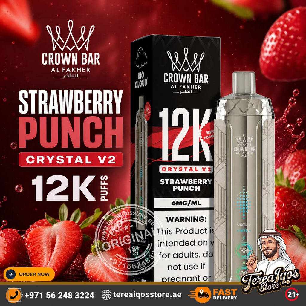 Crown Bar Al Fakher Crystal V2 Strawberry Punch disposable vape device next to its black packaging box, set against a dark red background decorated with fresh strawberries and promotional text.