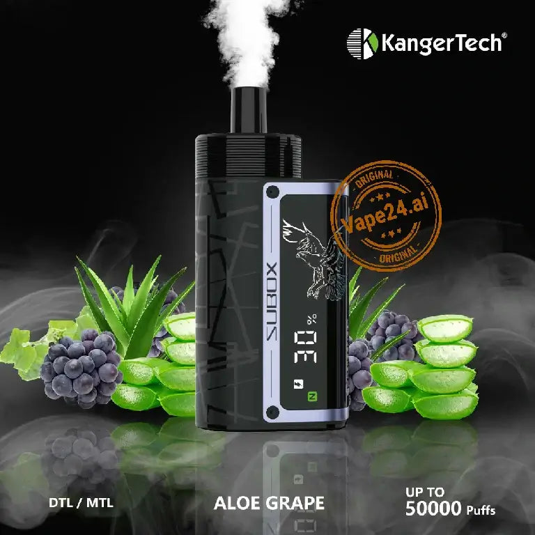 KangerTech Subox Disposable Vape featuring Aloe Grape flavor, up to 50,000 puffs, with adjustable airflow.