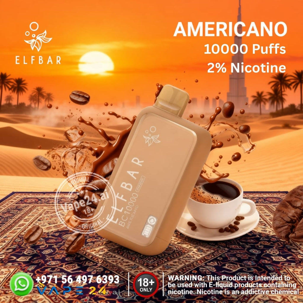 Elf Bar BC10000 puffs 20mg vape device with coffee cup and desert background, featuring Elf Bar branding.