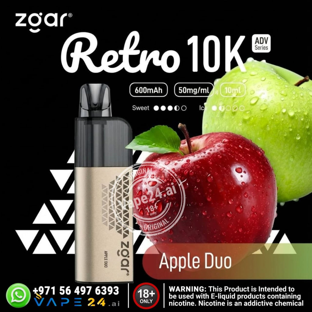 Zgar Retro 10K vape device with apples on a black background