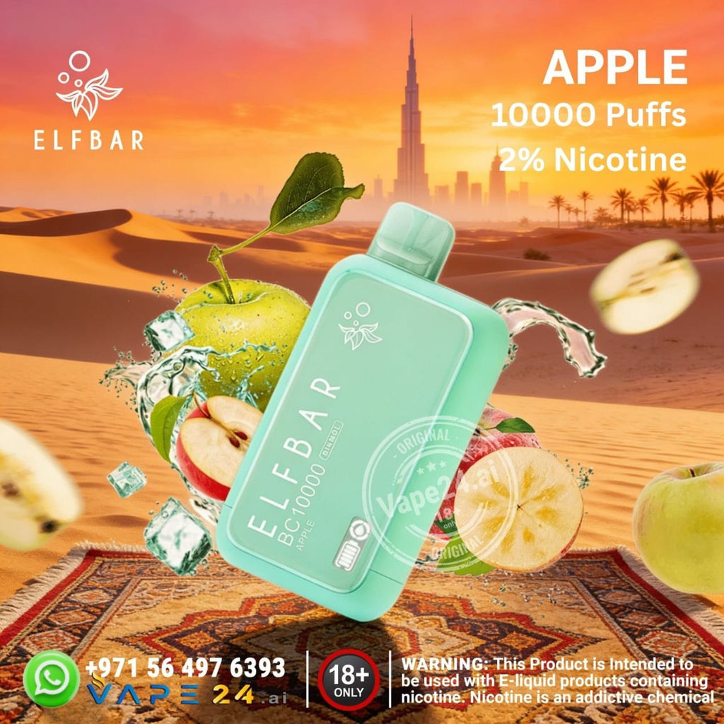Elf Bar vape device with apple flavor and Dubai skyline in the background