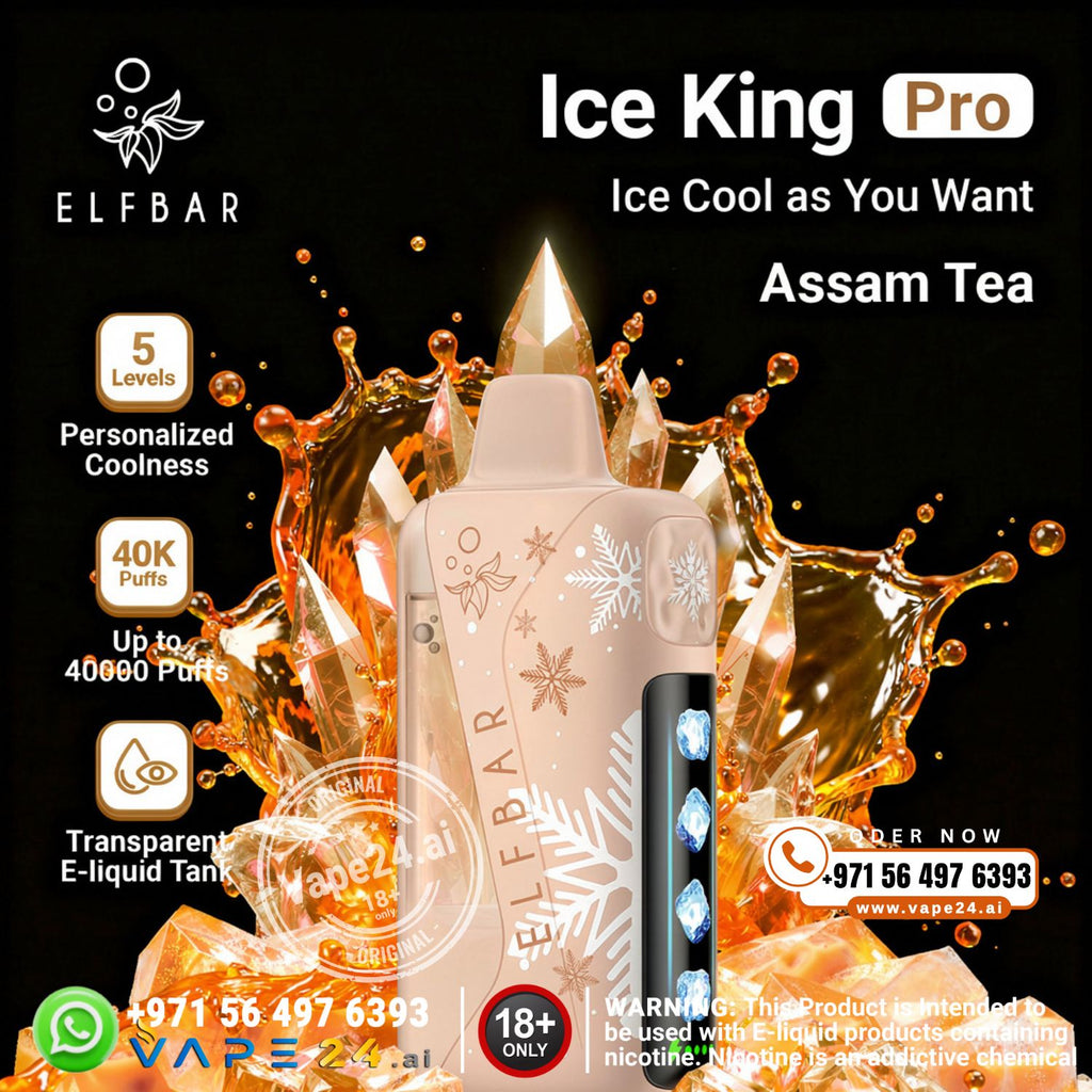 Elf Bar Ice King Pro vape device with Assam Tea flavor on a black background