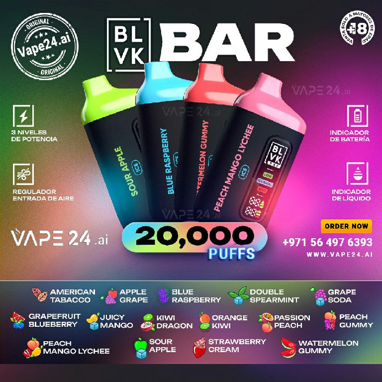BLVK Bar Disposable Vape 20000 Puffs in Sour Apple, Blue Raspberry, Watermelon Gummy, Peach Mango Lychee - Available at Vape24.ai