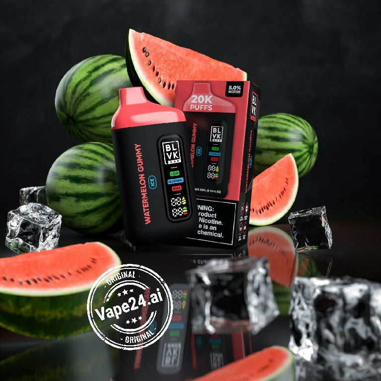 BLVK Bar Disposable Vape in Watermelon Gummy Flavor with 20000 Puffs displayed with fresh watermelon and ice cubes