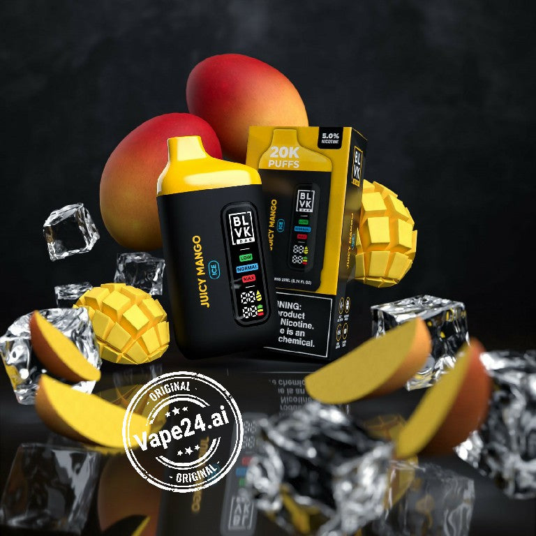 BLVK Bar Disposable 20000 Puffs Vape Juicy Mango flavor with box and mangoes, available at Vape24.ai