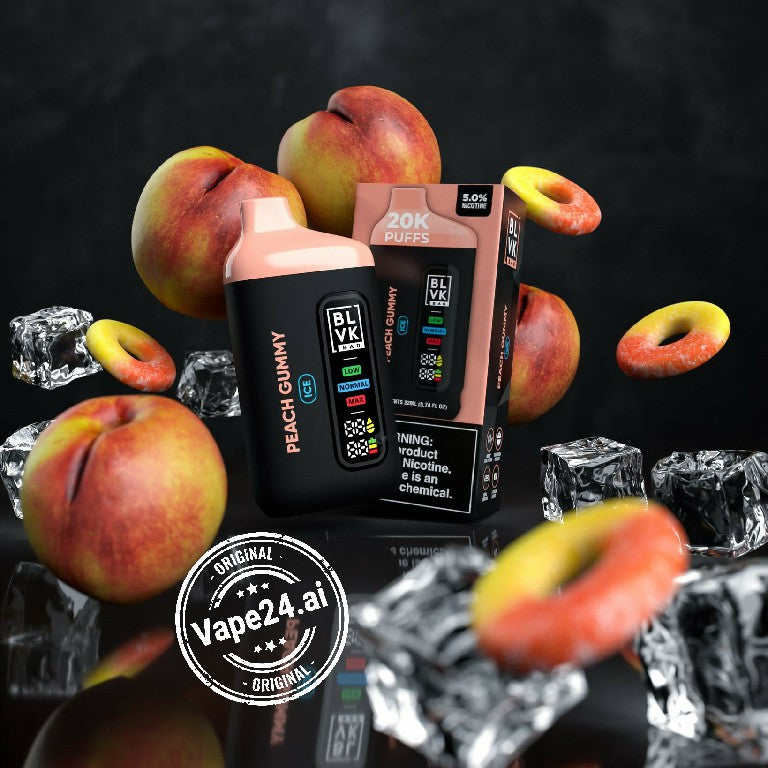 BLVK Bar Disposable 20000 Puffs Peach Gummy Vape with peaches, gummy rings, and ice cubes - Order full box for discount, Dubai.