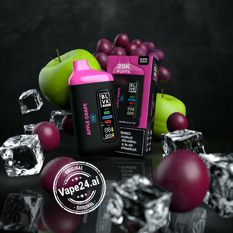 BLVK Bar Disposable 20K Puffs Vape Apple Grape Flavor with ice cubes and fruit background Dubai offers 10% discount.