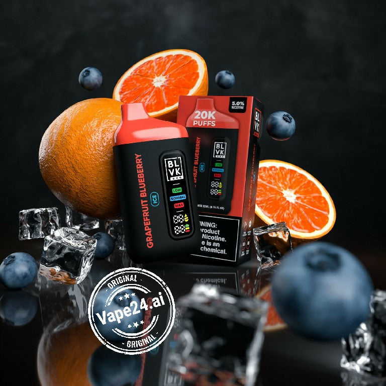BLVK Bar Disposable 20000 Puffs Vape in Grapefruit Blueberry Flavor with packaging and fruits on display