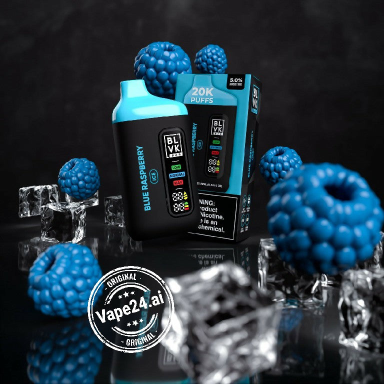 BLVK Bar Blue Raspberry Disposable Vape 20000 Puffs with Box and Blueberries on Ice