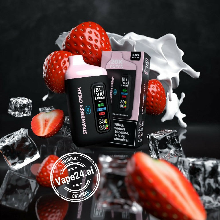BLVK Bar Disposable 20000 Puffs Strawberry Cream Vape with ice and fresh strawberries on black background