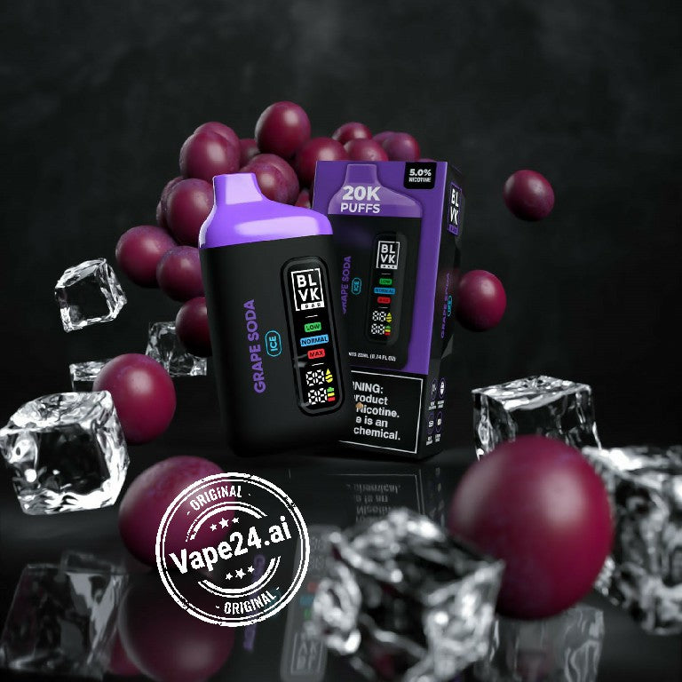 BLVK Bar Disposable 20000 Puffs Grape Soda Vape with Packaging and Ice Cubes Displayed by Vape24.ai