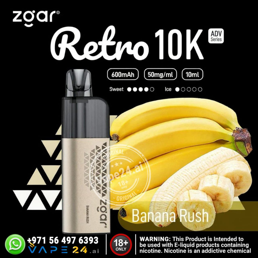 Zgar Retro 10K vape device with banana illustration on a black background