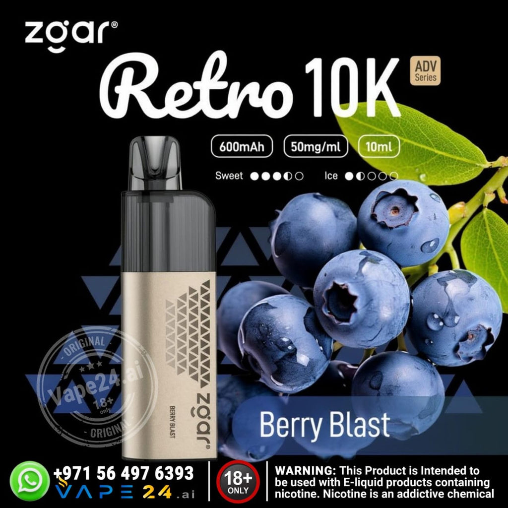 Zgar Retro 10K vape device with blueberries on a black background