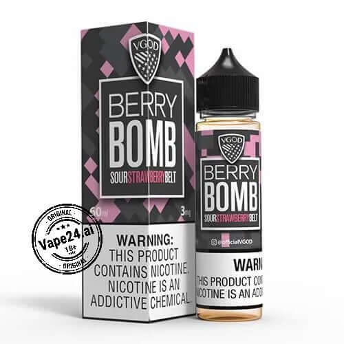 VGOD Berry Bomb 60ml E-Liquid bottle with packaging, 3mg nicotine, featuring warning label on addiction.