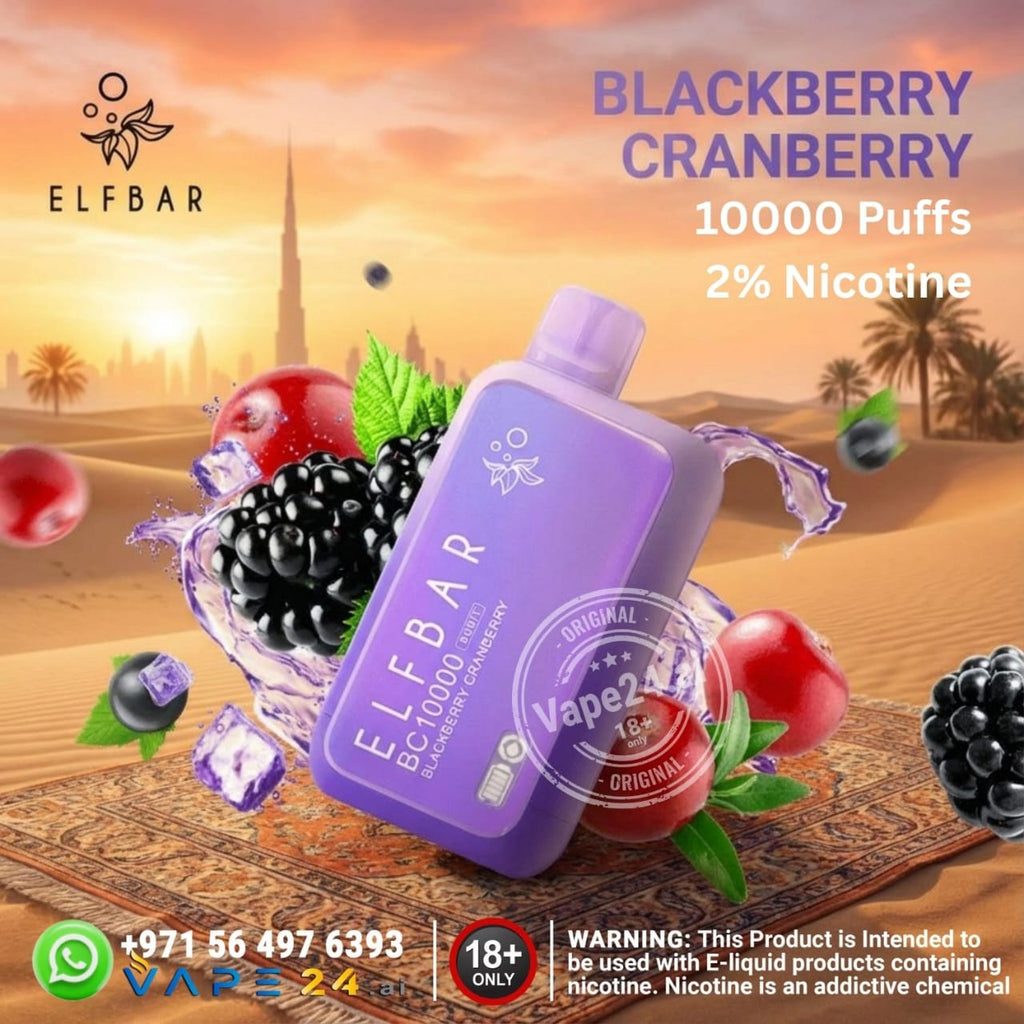 Elf Bar BC10000 puffs 20mg Blackberry Cranberry vape device with fruit graphics and desert background