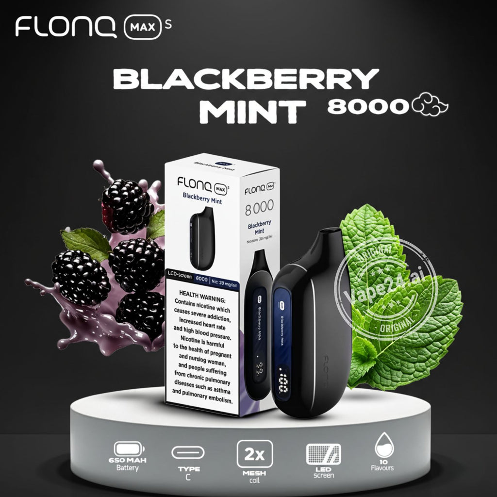 FLONQ MAX S Blackberry Mint 8000 vape device and packaging with blackberries and mint leaves on a dark background.