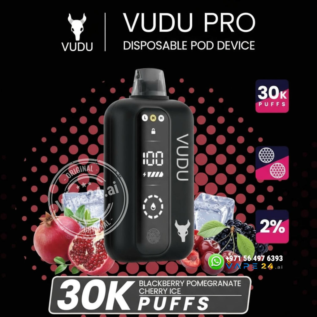 Vudu Pro disposable pod device with branding and product details on a black background
