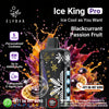 Elf Bar Ice King Pro vape device with colorful splashes and Blackcurrant Passion Fruit on a dark background