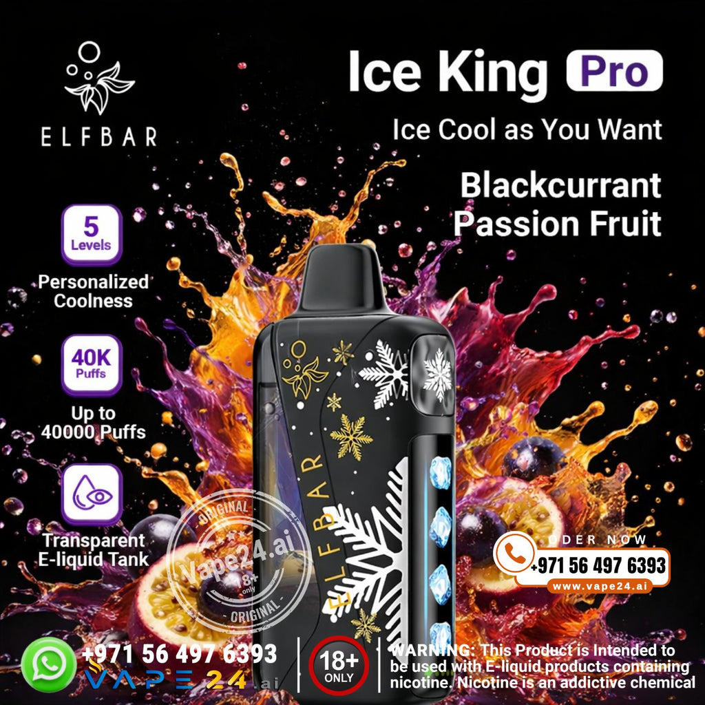 Elf Bar Ice King Pro vape device with colorful splashes and Blackcurrant Passion Fruit on a dark background