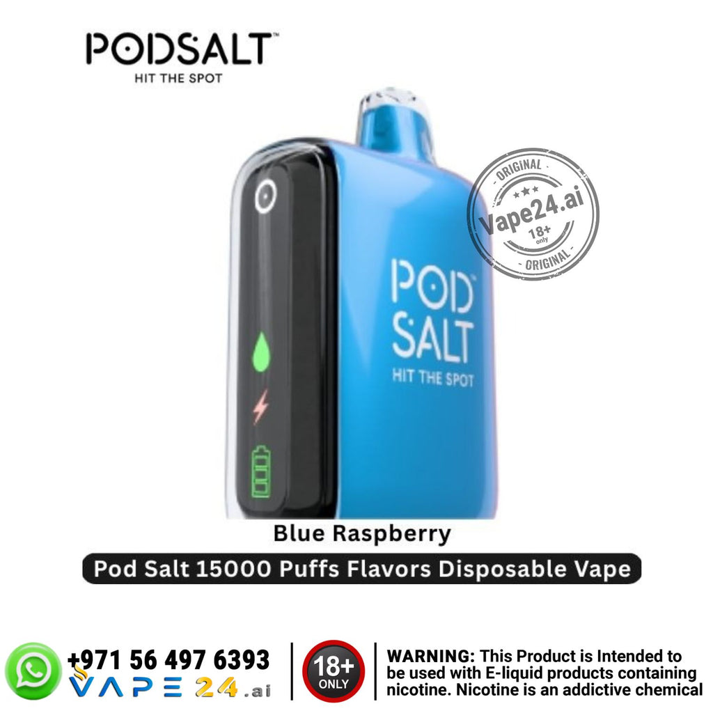 Blue Raspberry disposable vape with 'Pod Salt' branding on a white background
