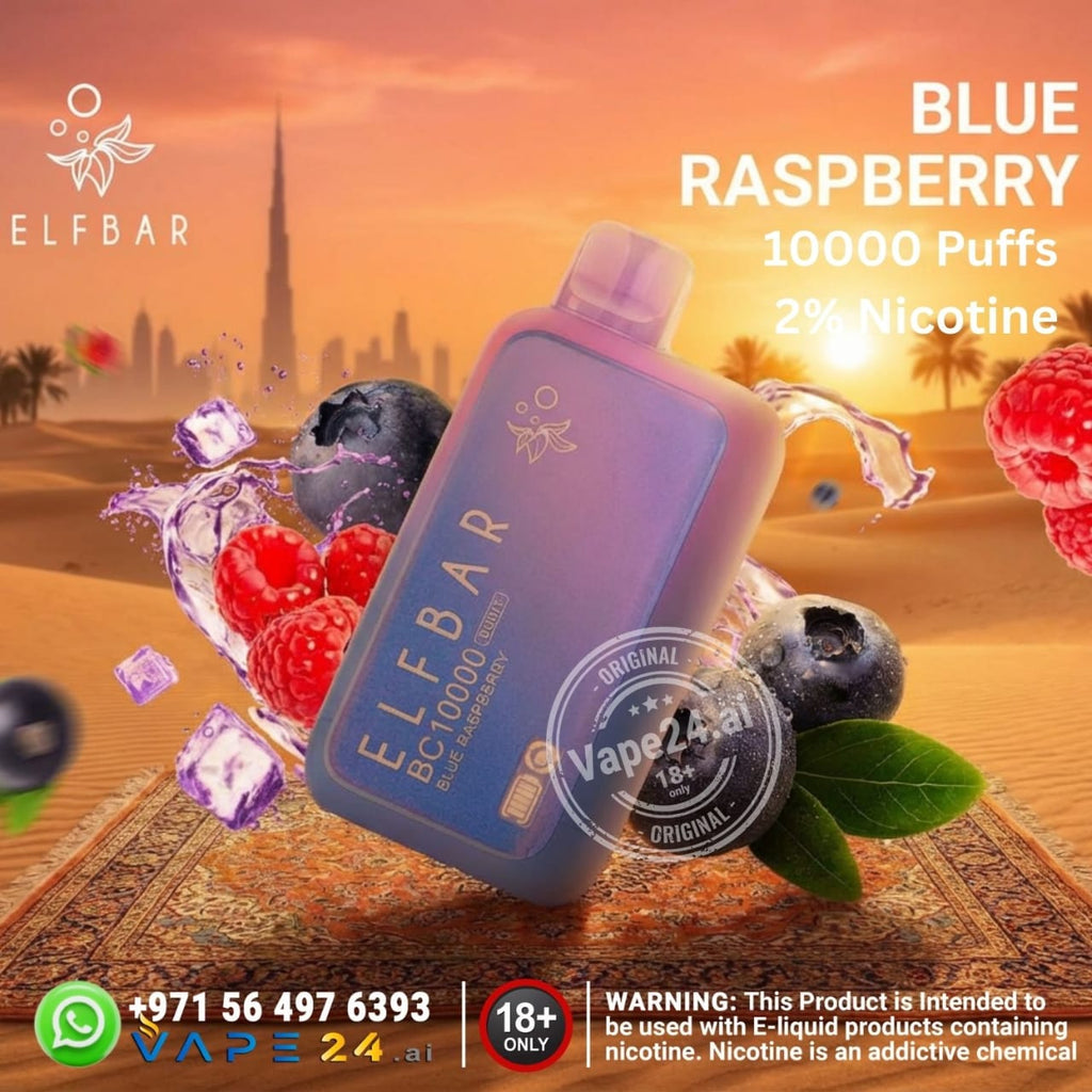 Elf Bar BC10000 puffs 20mg vape device with blue raspberry flavor and desert background