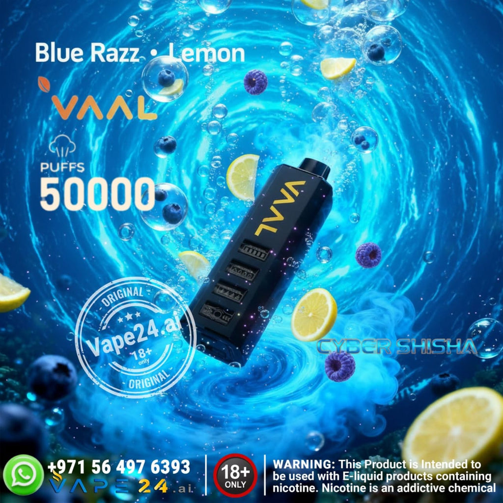 Vape device with blue and lemon theme, featuring VAAL branding and 500,000 puffs capacity.