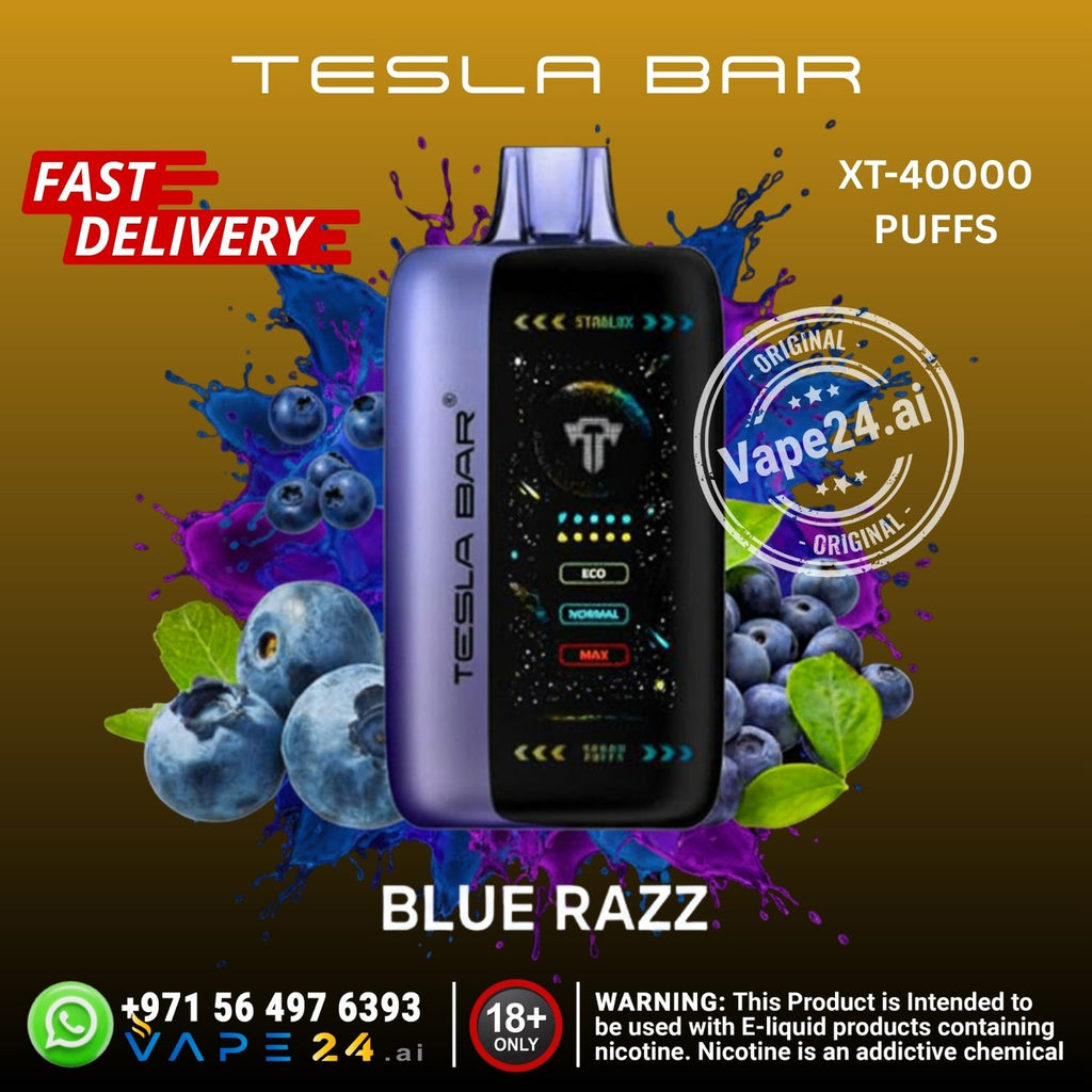 Tesla Bar vape device with blueberries and branding elements on a brown background