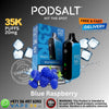 Promotional image of PODSALT Blue Raspberry vape product with packaging and ice cubes on a dark background.