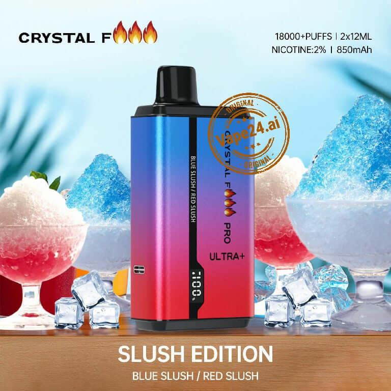 Crystal Fire Slush Edition vape with blue and red slush flavors, 18000 puffs, in a colorful setting.