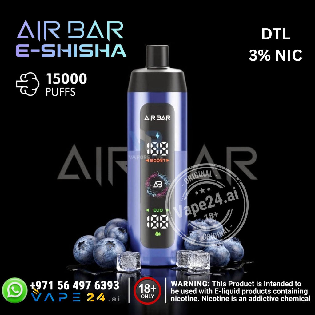 Air Bar e-shisha vape device with blueberries and ice cubes on a black background