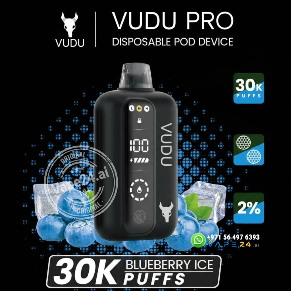 Vudu Pro disposable pod device with blueberry ice flavor on a dark background