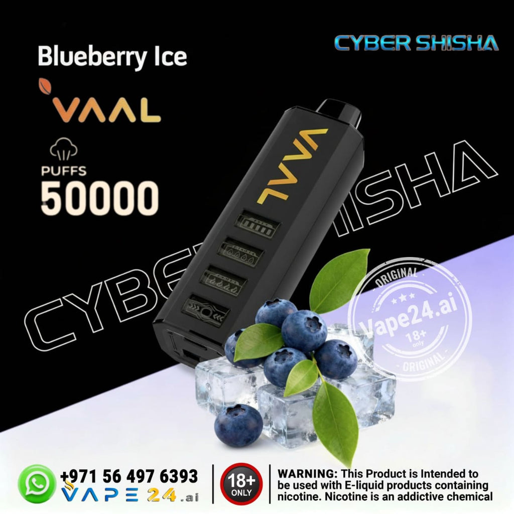VAAL vape device with blueberries and ice on a black background, featuring VAAL, Cyber Shisha, and Vape24.ai branding.