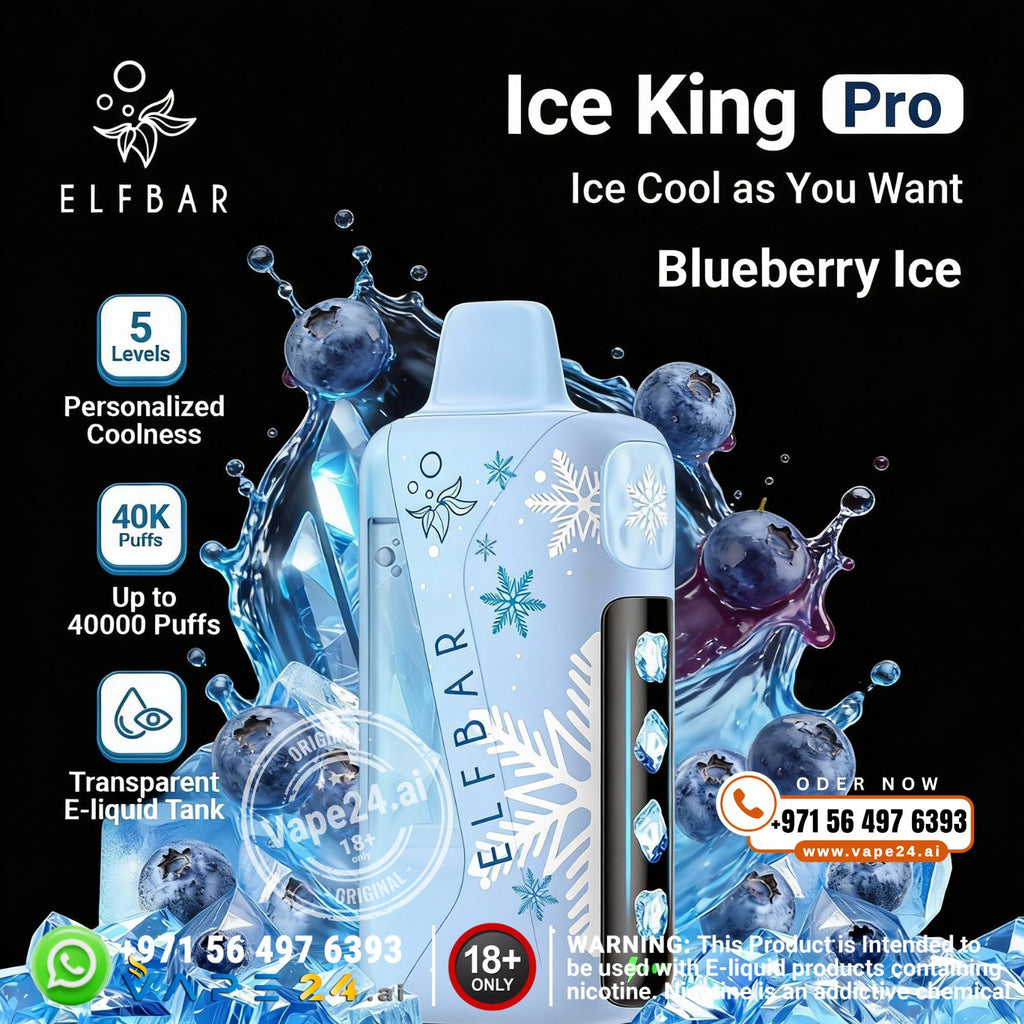 Elfbar Ice King Pro Blueberry Ice vape device with blueberries and water droplets on a black background.