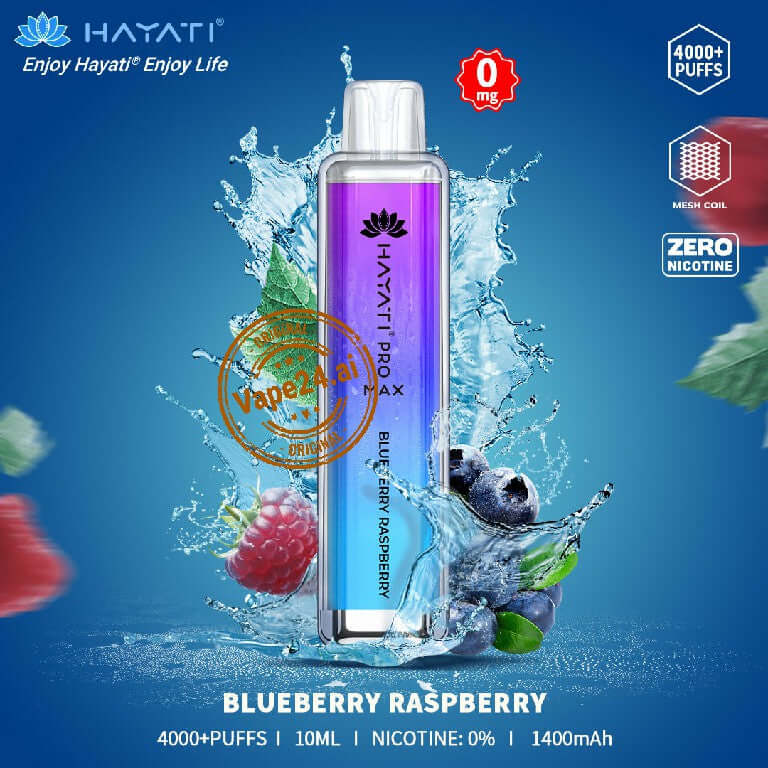 HAYATI PRO MAX Blueberry Raspberry Disposable Vape with 4000 puffs and 1400mAh battery, featuring zero nicotine.